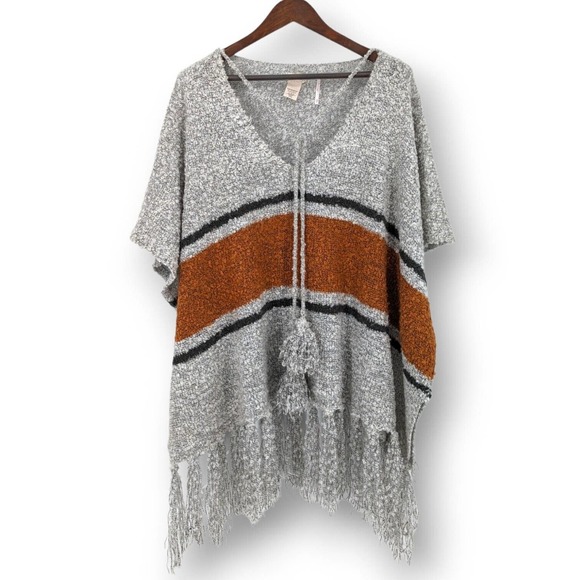 Free People Sweaters - Free People Juno Boucle Knit Boho Striped Fringe Poncho Sweater (One Size)